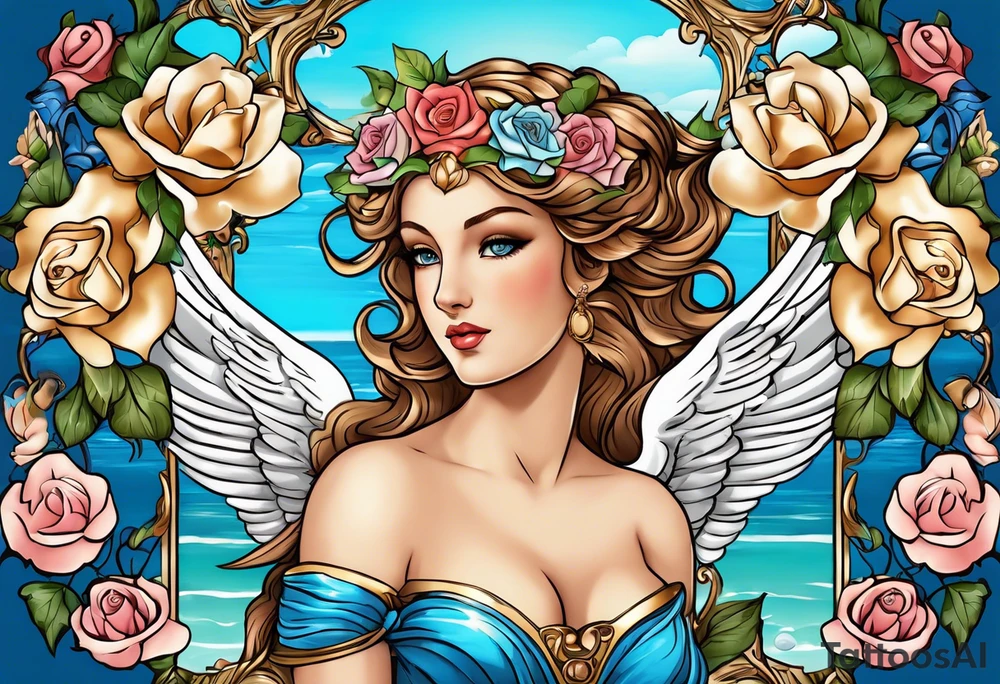 Portrait of Aphrodite: A face or full-length image of the goddess, often in a realistic style, perhaps decorated with flowers, seashells, or doves.rose, doves, shells and a mirror in his hand. background sea, blue roses frames,, romantic,A boy with wings and a bow, cupido tattoo idea