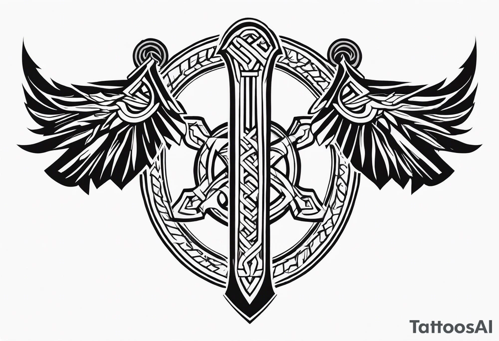 Valhalla sword 
shield axe Valknut mist tattoo idea