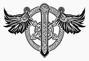 Valhalla sword 
shield axe Valknut mist tattoo idea