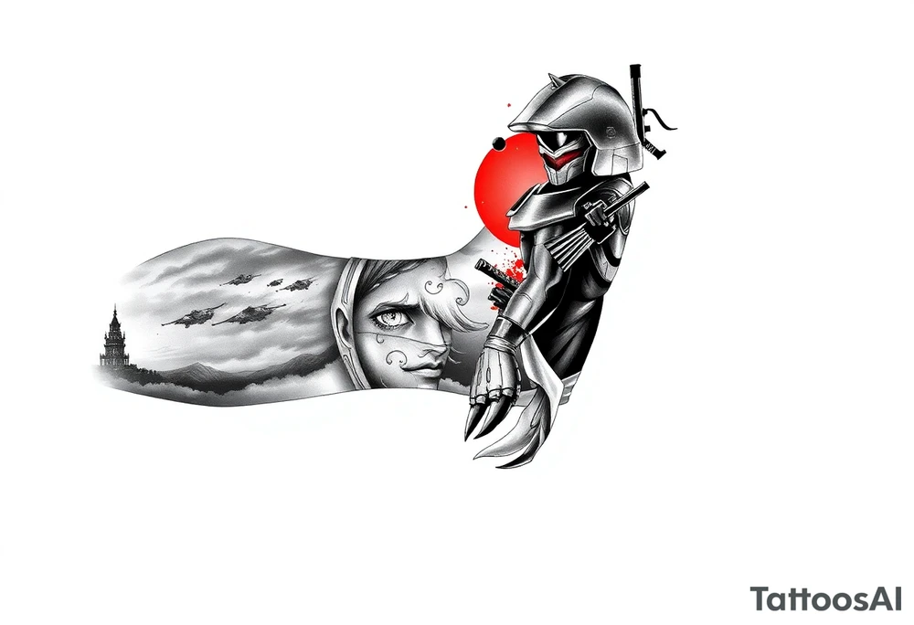 Full arm sleeve tattoo design showing tattoo on a model arm, black and grey sketch incorporating the following 
Halo Reach: skyline in storm clouds with ember-red glow, emille silhouette in distance on the inner arm
Ghost of Tsushima: Jin Sakai face and mask, katana behind, with flowing blood-red cherry blossoms drifting across on inner forearm
Helldivers 2: silhouettes of Helldivers dropping from pods through smoke and sparks (orange sparks glowing), on the outer arm
DOOM Eternal: hyper-realistic Doom Slayer silhouette with super shotgun over shoulder, fire and flames around on the outer forearm



Inner left arm: Firewatch tower in silhouette on ridges, orange and purple dusk glow blending into smoke. tattoo idea