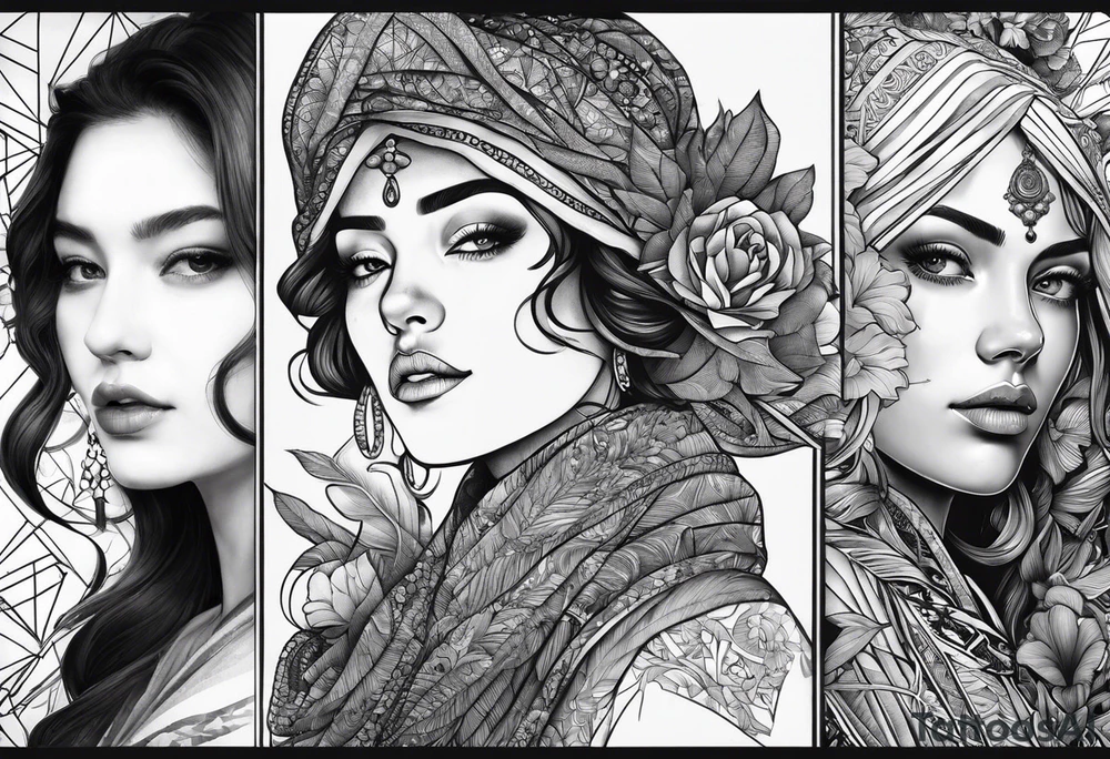 three person side by side. a really young Daughter on the left, mother in the middle, really old grandmother on the right. greater age difference tattoo idea
