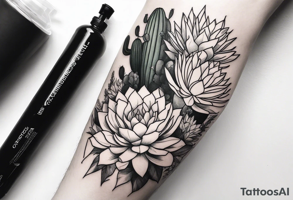 Forearm sleeve with cactus and greenery tattoo idea