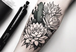 Forearm sleeve with cactus and greenery tattoo idea