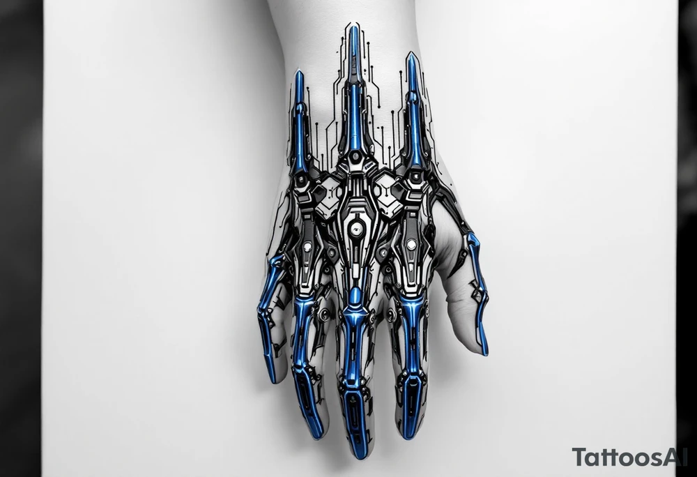 A futuristic biomechanical hand design with sapphire-blue lines tracing each finger like circuits. tattoo idea