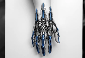 A futuristic biomechanical hand design with sapphire-blue lines tracing each finger like circuits. tattoo idea