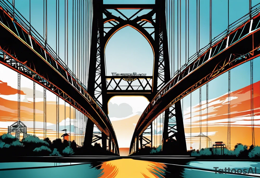 70's poster art, pop art, simple, view from under steel truss cantilever bridge tattoo idea