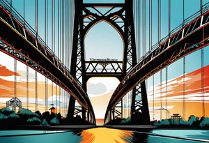 70's poster art, pop art, simple, view from under steel truss cantilever bridge tattoo idea