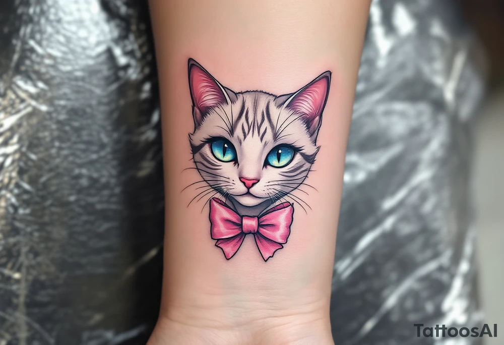A soft white-and-pink cat with pink bow tattoo brings Marie’s elegance from The Aristocats to life. tattoo idea