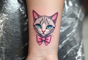 A soft white-and-pink cat with pink bow tattoo brings Marie’s elegance from The Aristocats to life. tattoo idea