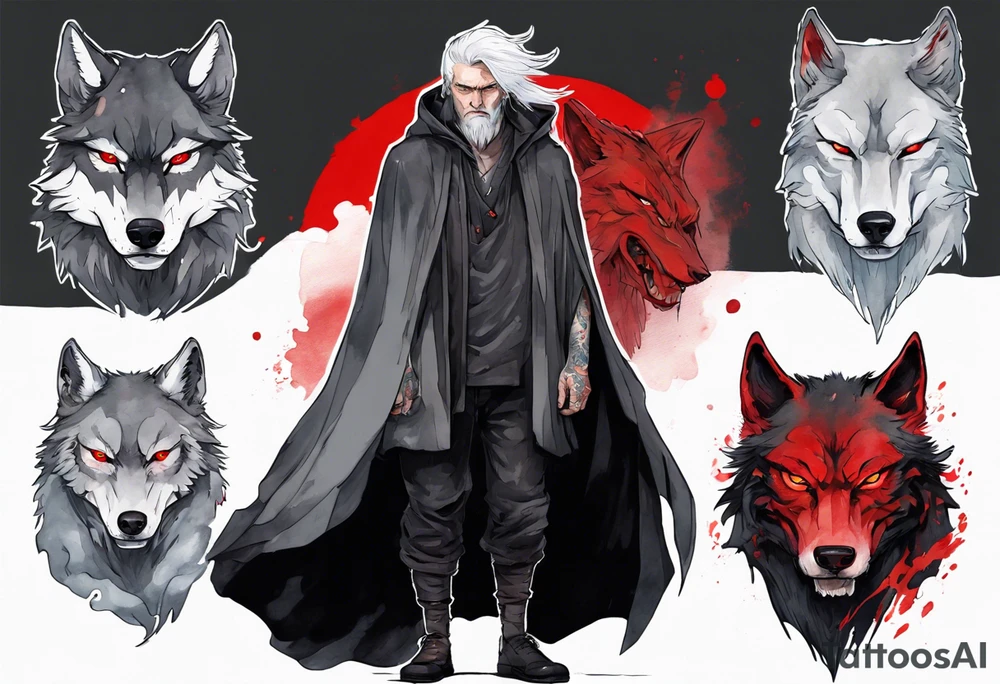 a gaunt man with white hair, grey eyes, and a black cloak standing beside a massive grey wolf with red eyes tattoo idea