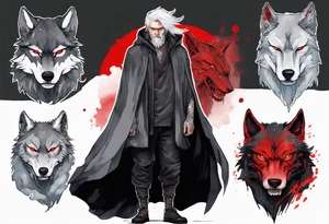 a gaunt man with white hair, grey eyes, and a black cloak standing beside a massive grey wolf with red eyes tattoo idea