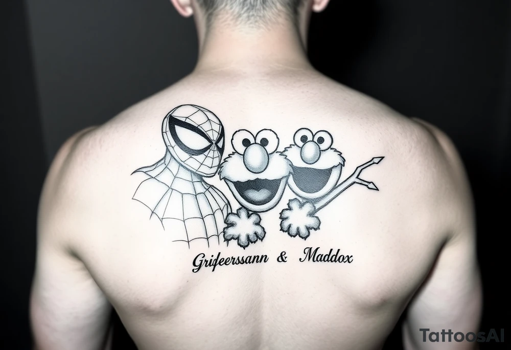 Spiderman and elmo with the names greyson and maddox girly for a mom of two boys tattoo idea