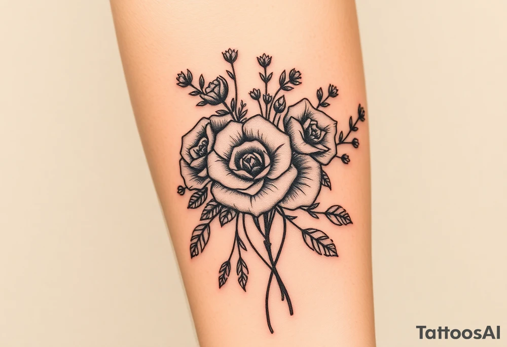 vintage bouquet of wild roses and meadow flowers with morning dew tattoo idea