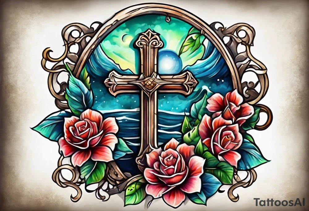 cross with fishing hook tattoo idea