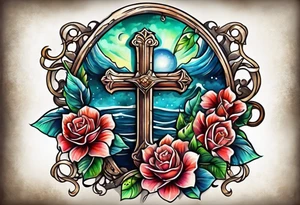 cross with fishing hook tattoo idea
