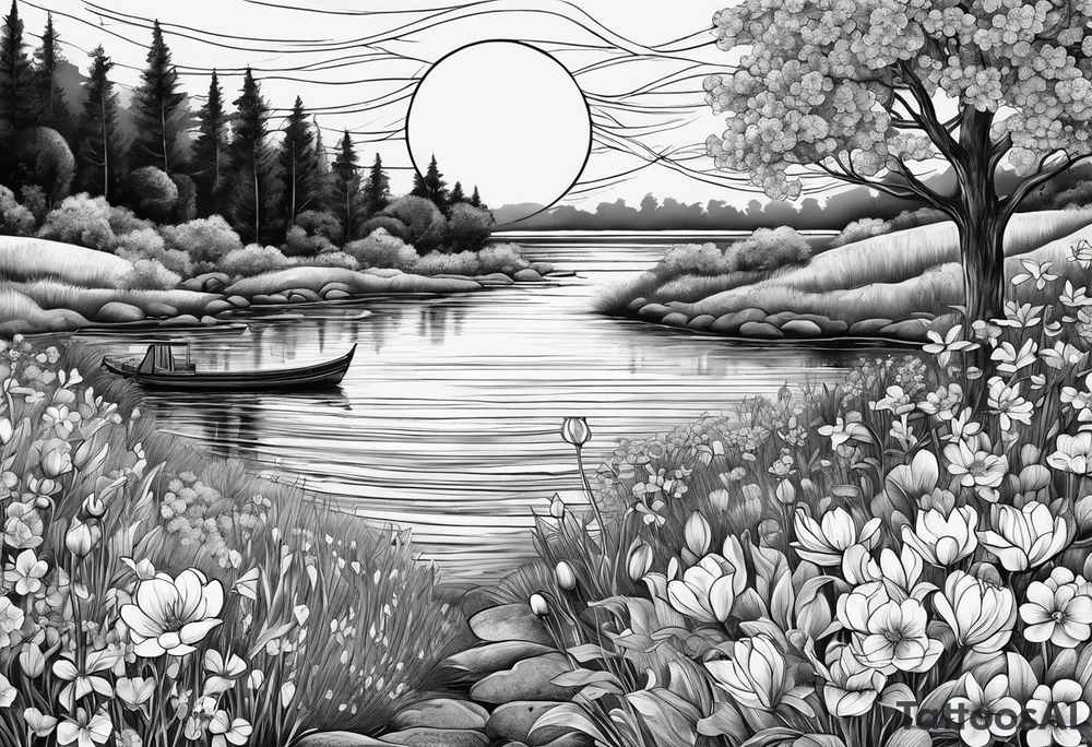 Secret, hidden garden, flowers, lake, daylight moon, more flowers love tattoo idea