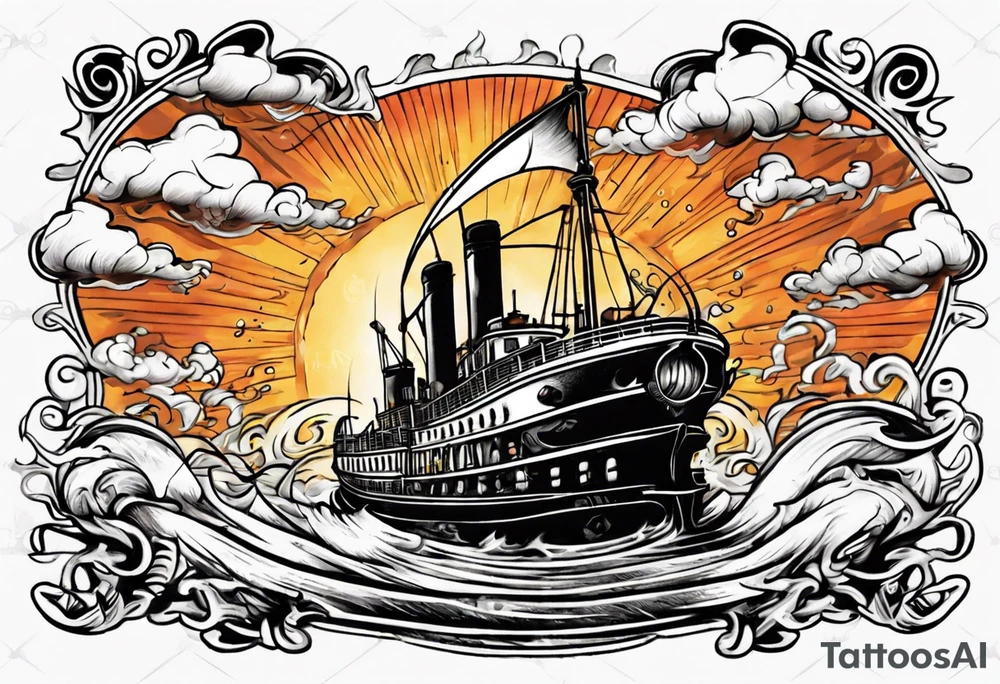 steam boat sailing out of the sun tattoo idea