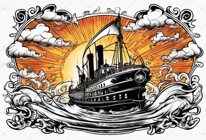 steam boat sailing out of the sun tattoo idea
