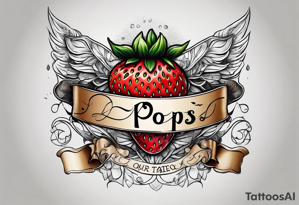lonely strawberry wrapped in banner saying Pops tattoo idea