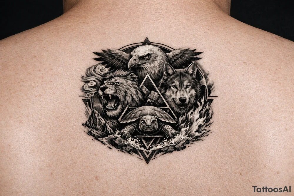 Strength, humble, honourable, respectful, being adaptable to all situations

Using animals, elements (earth wind fire water), geometric shapes

Design for a full sleeve tattoo idea