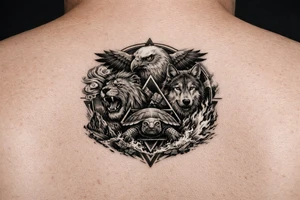 Strength, humble, honourable, respectful, being adaptable to all situations

Using animals, elements (earth wind fire water), geometric shapes

Design for a full sleeve tattoo idea