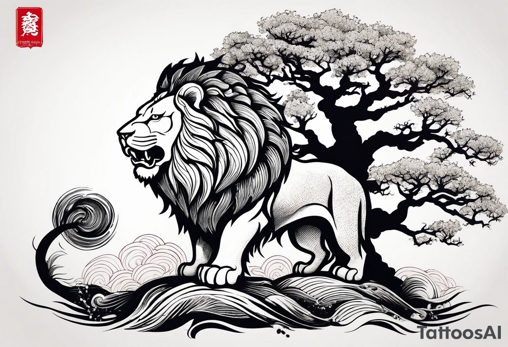 Oak tree shaped as roaring lion tattoo idea