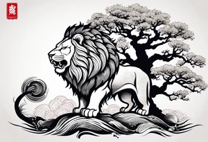 Oak tree shaped as roaring lion tattoo idea