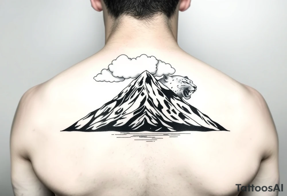 Primary focus is a mountain. At the crown of the mountain is a swath of puffy cumulus clouds. On the right side of the clouds, they form a very subtle jaguar face. At the base of the mountain is a reflective salt flats. Use Peruvian accents in the design tattoo idea