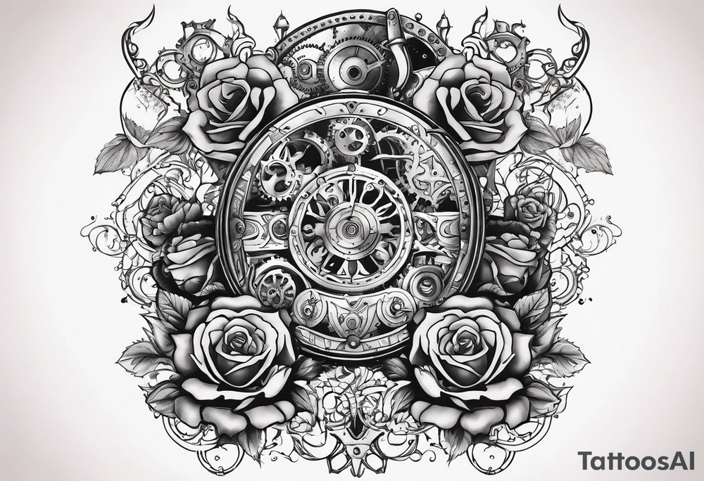 Sleeve with steampunk design with roses, warriors, mechanicals and fire tattoo idea