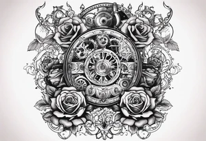 Sleeve with steampunk design with roses, warriors, mechanicals and fire tattoo idea