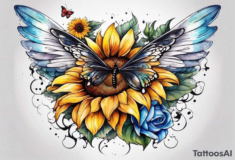 Sleeve with angel wings, sunflower and butterfly tattoo idea
