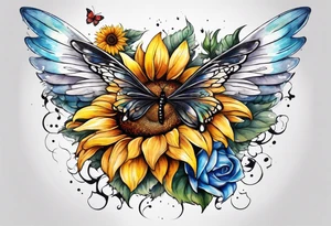 Sleeve with angel wings, sunflower and butterfly tattoo idea