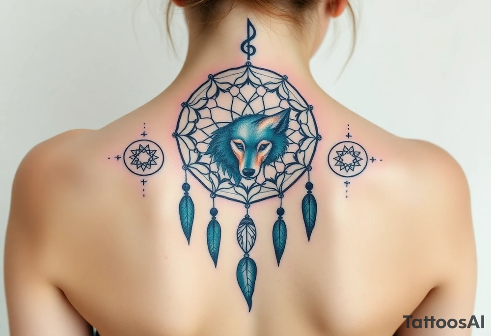 Dreamcatcher with zodiac symbols and protection runes caught in it with wolf teal tattoo idea