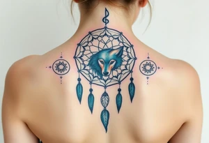 Dreamcatcher with zodiac symbols and protection runes caught in it with wolf teal tattoo idea