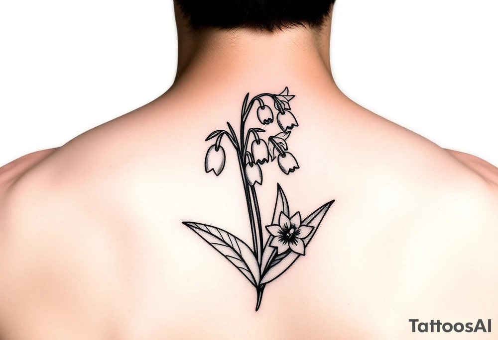 Coquis, stamp with daffodils, Lily of the valley, larkspur tattoo idea