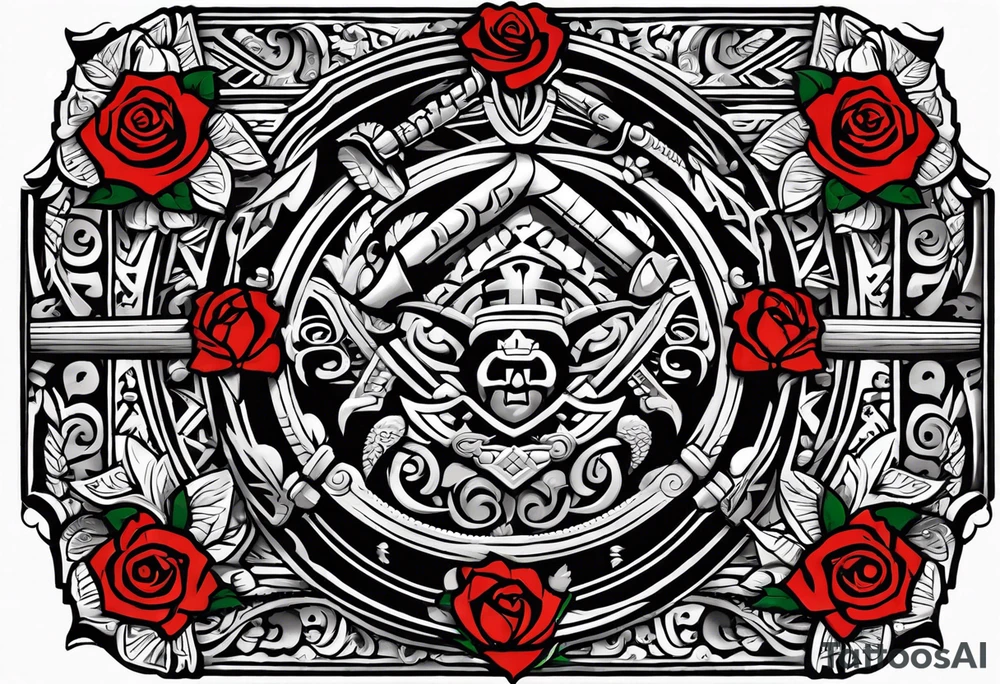 Design a masculine tattoo depicting three delicate rose buds being embraced and protected by 
Aztec weapons. The weapons should include elements such as the macuahuitl (Aztec sword-club), obsidian blades, and Mayan calendar, arranged in a way that forms a protective circle or embrace around the roses. Carve the entire image as if it were a stone sculpture by an ancient Aztec artist, with the texture resembling intricately detailed stone carvings. The roses should be slightly softer but still stylized in stone, giving the entire tattoo a powerful, yet artistic and ancient feel. Use bold, sharp lines to capture the essence of Aztec craftsmanship tattoo idea