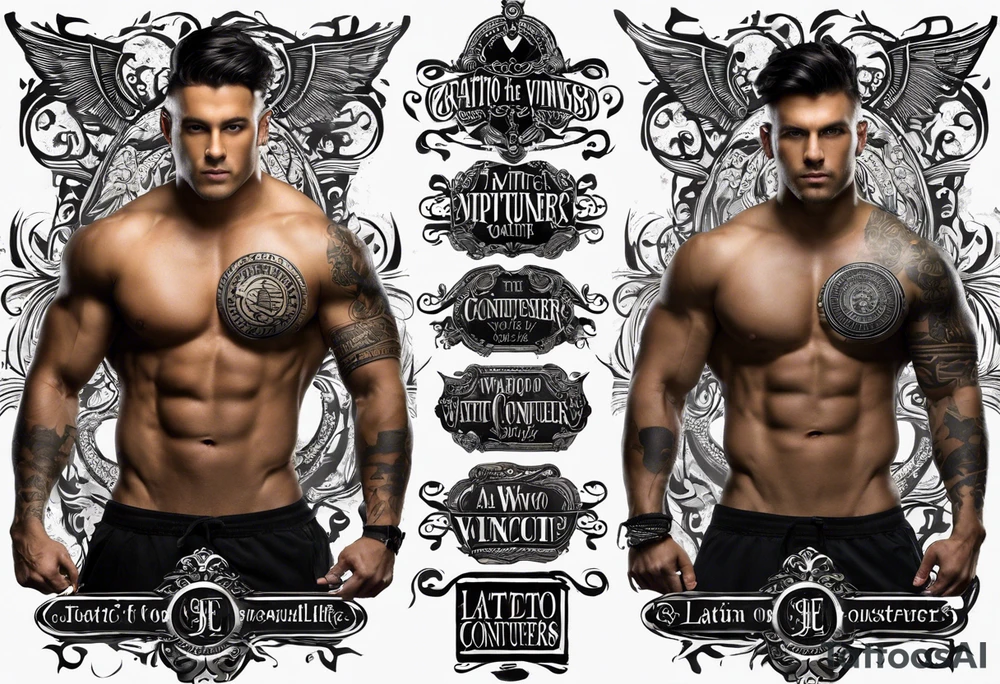 The tattoo is spiritually driven, using the Latin quote "Vincit qui see Vincit," which translates to "He who conquers himself conquers the world." Create this tattoo using the ideas of the warrior spirit, discipline, and growth in all aspects of life. The tattoo will be on the forearm tattoo idea