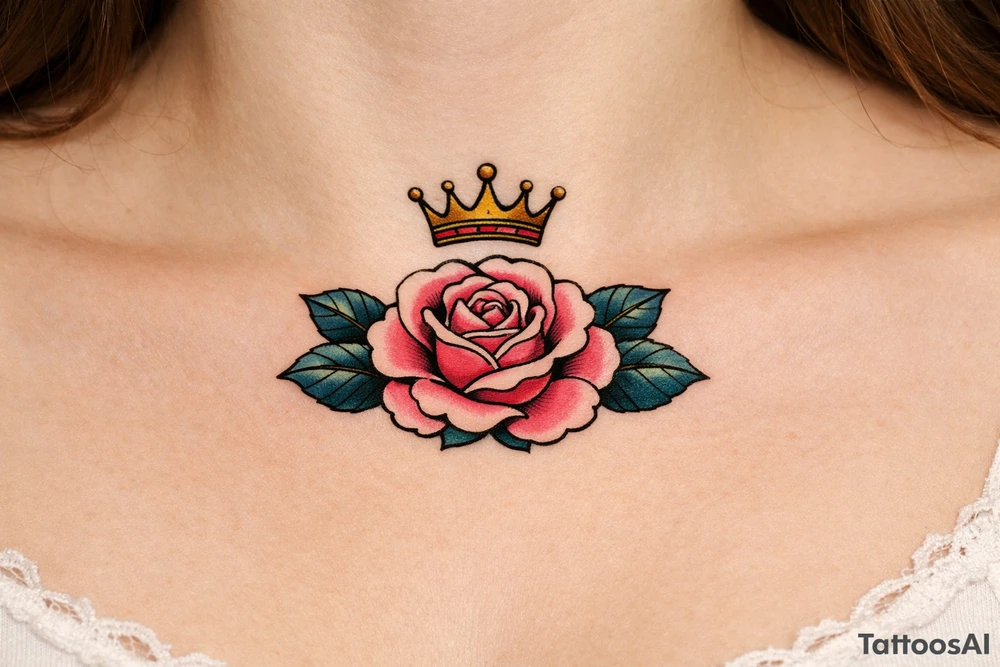 Pink rose , petrol leaves no stem, minimalist crown above it tattoo idea