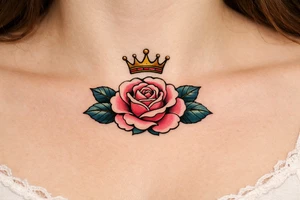 Pink rose , petrol leaves no stem, minimalist crown above it tattoo idea