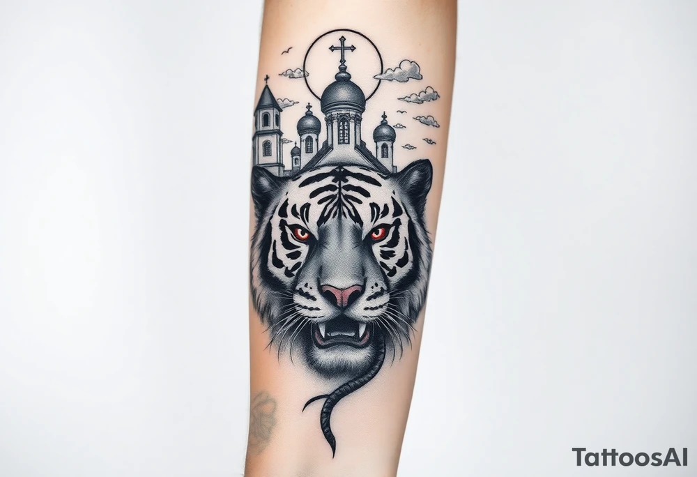 in a dorsal view of the hand and forearm a tiger face on the hand with black hollowed eyes, then above this a orthodox church shrouded with a mist and fading into a virgin mary overlooking tattoo idea