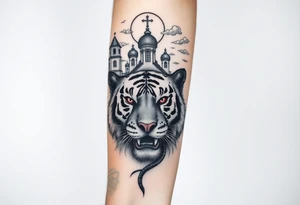 in a dorsal view of the hand and forearm a tiger face on the hand with black hollowed eyes, then above this a orthodox church shrouded with a mist and fading into a virgin mary overlooking tattoo idea