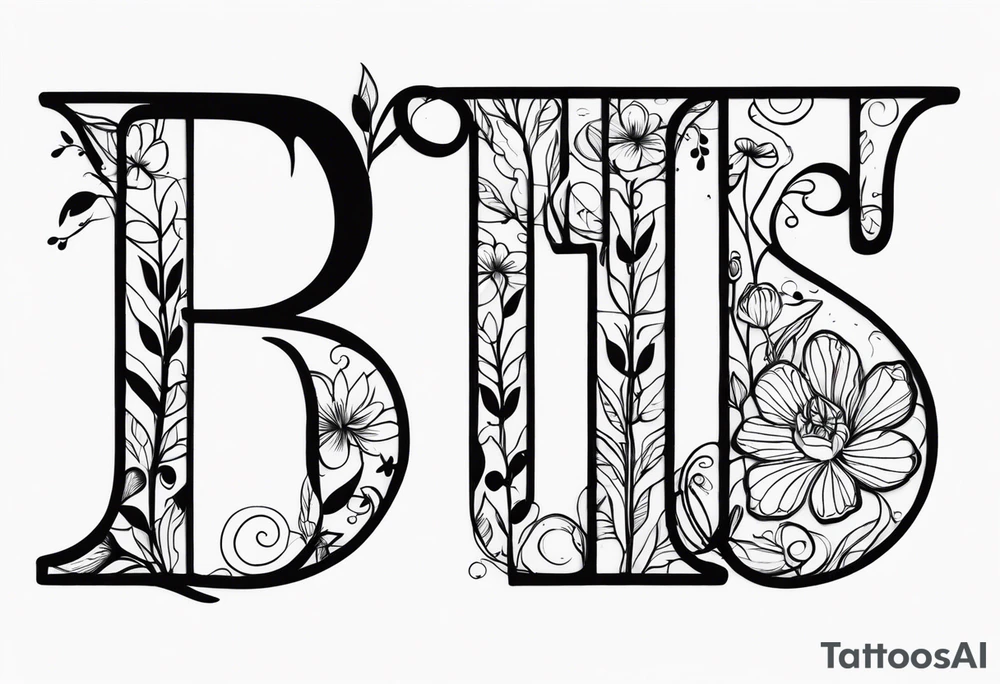 The letters "BTTS" written in a flower stem tattoo idea
