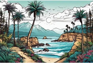 Gradual transition in a line from evergreen trees to Joshua trees to palm trees to a Hawaiian beach tattoo idea