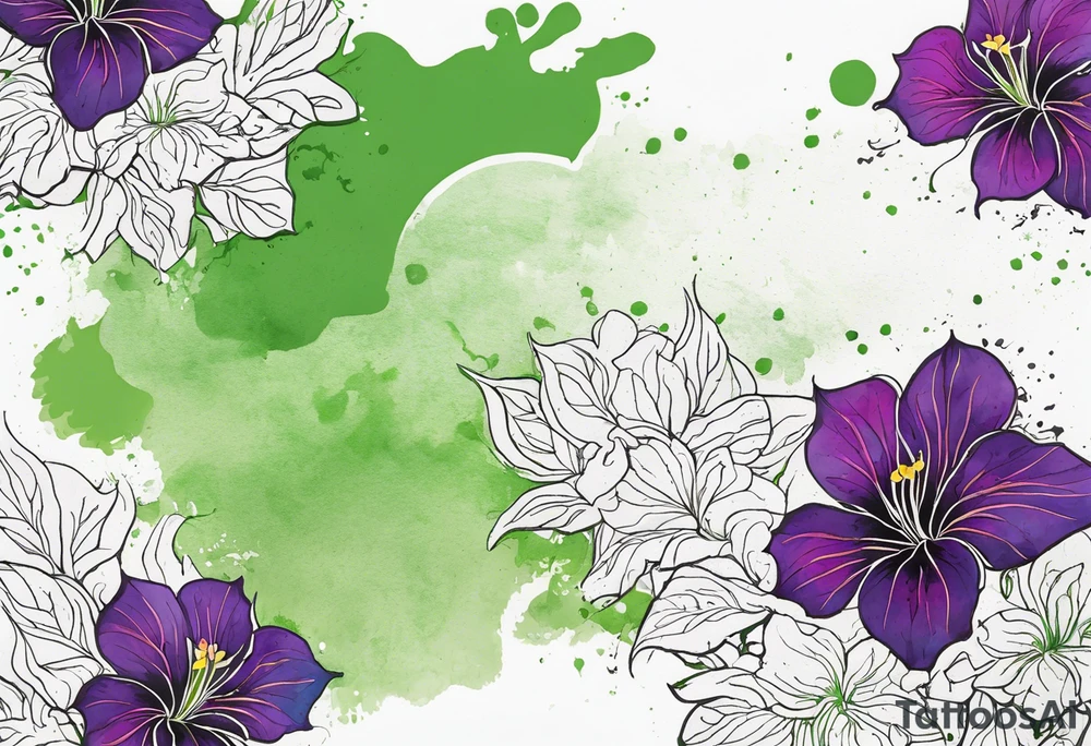 A mystical outline of a rio dipladenia flower and a green/purple watercolor splatter in the background tattoo idea