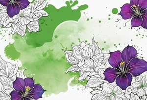 A mystical outline of a rio dipladenia flower and a green/purple watercolor splatter in the background tattoo idea