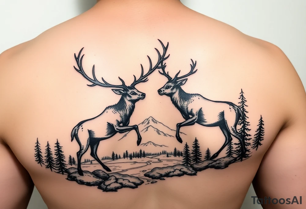 Black and grey Nature scene with two stags fighting in the foreground include mountains water and trees tattoo idea