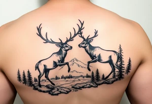 Black and grey Nature scene with two stags fighting in the foreground include mountains water and trees tattoo idea
