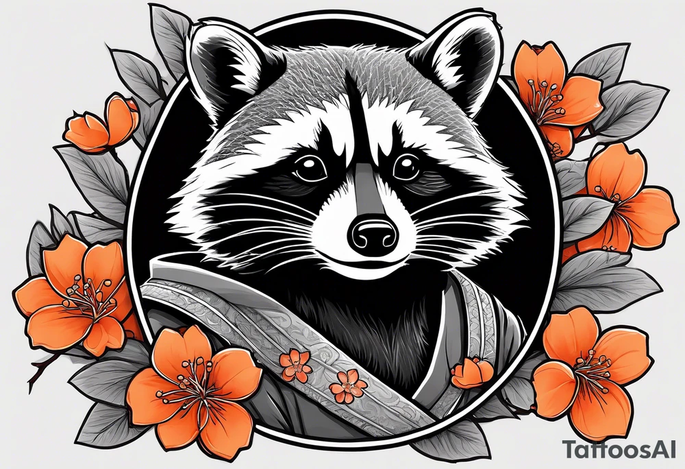 Raccoon wearing a white Superman logo on a black hoodie and orange Japanese cherry blossoms beside tattoo idea