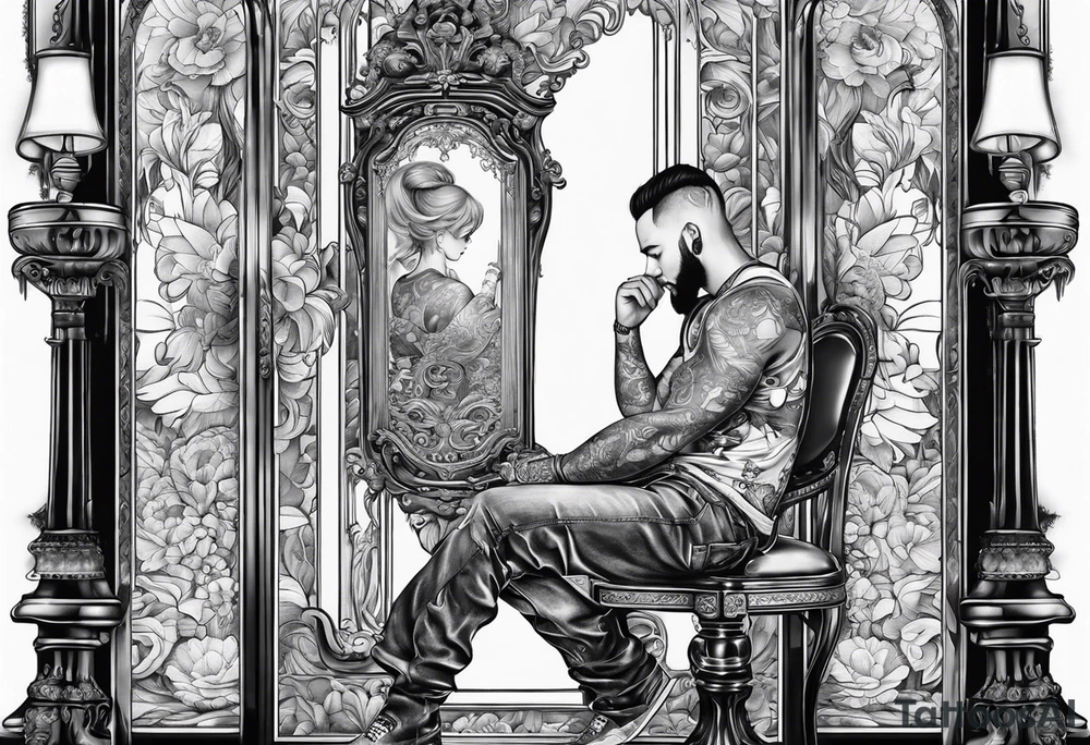 Someone sitting infront of a standing big mirror tattoo idea