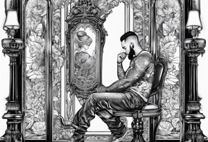 Someone sitting infront of a standing big mirror tattoo idea
